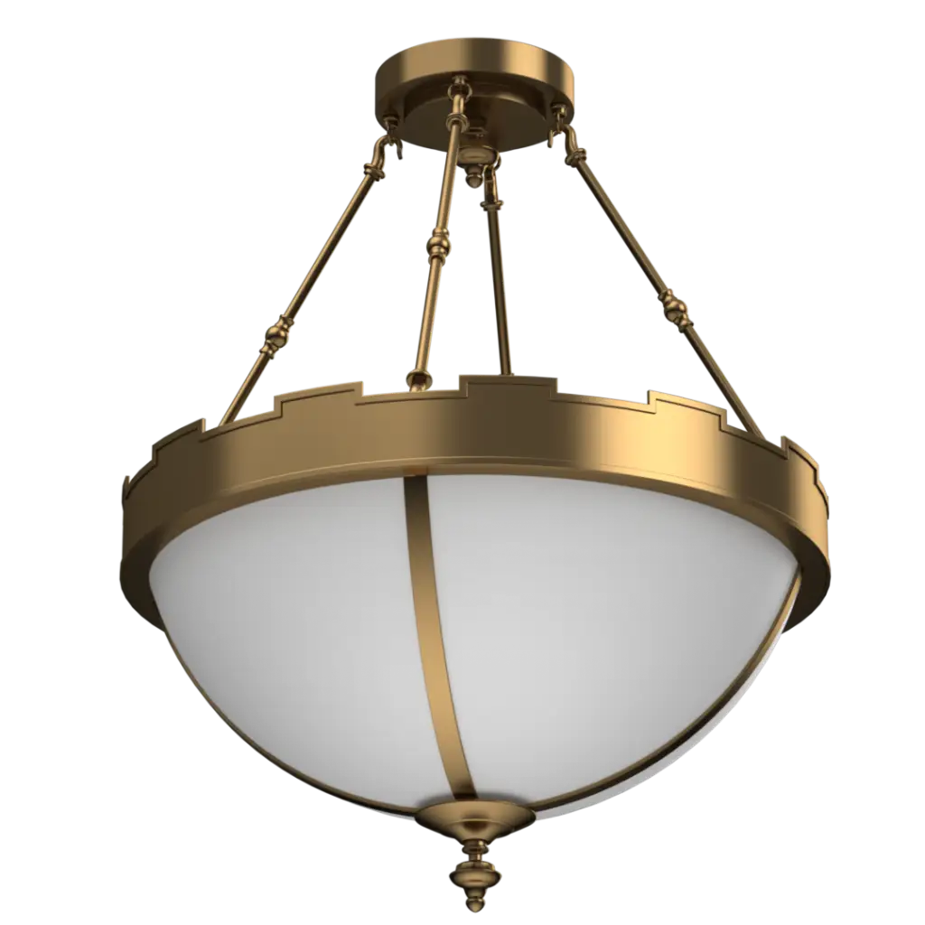 Gold ceiling light fixture with white glass on a white background