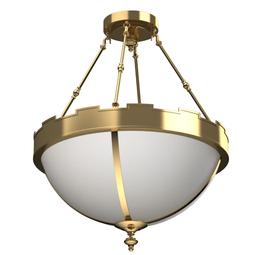 Gold ceiling light fixture with white glass on a white background