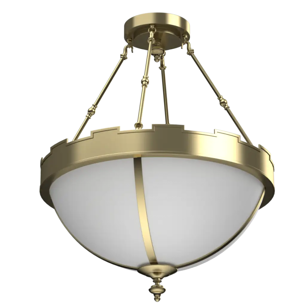 Gold ceiling light fixture with white glass on a white background