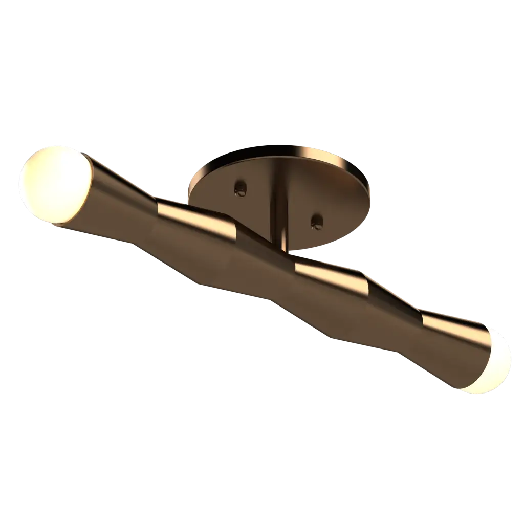 Modern bronze ceiling mount light fixture with a white light bulb on a white background