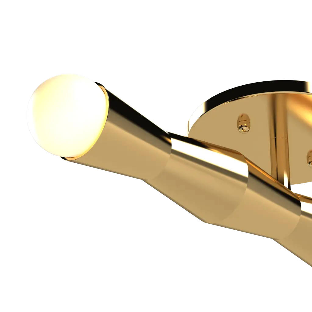 Modern gold ceiling mount light fixture with a white light bulb on a white background