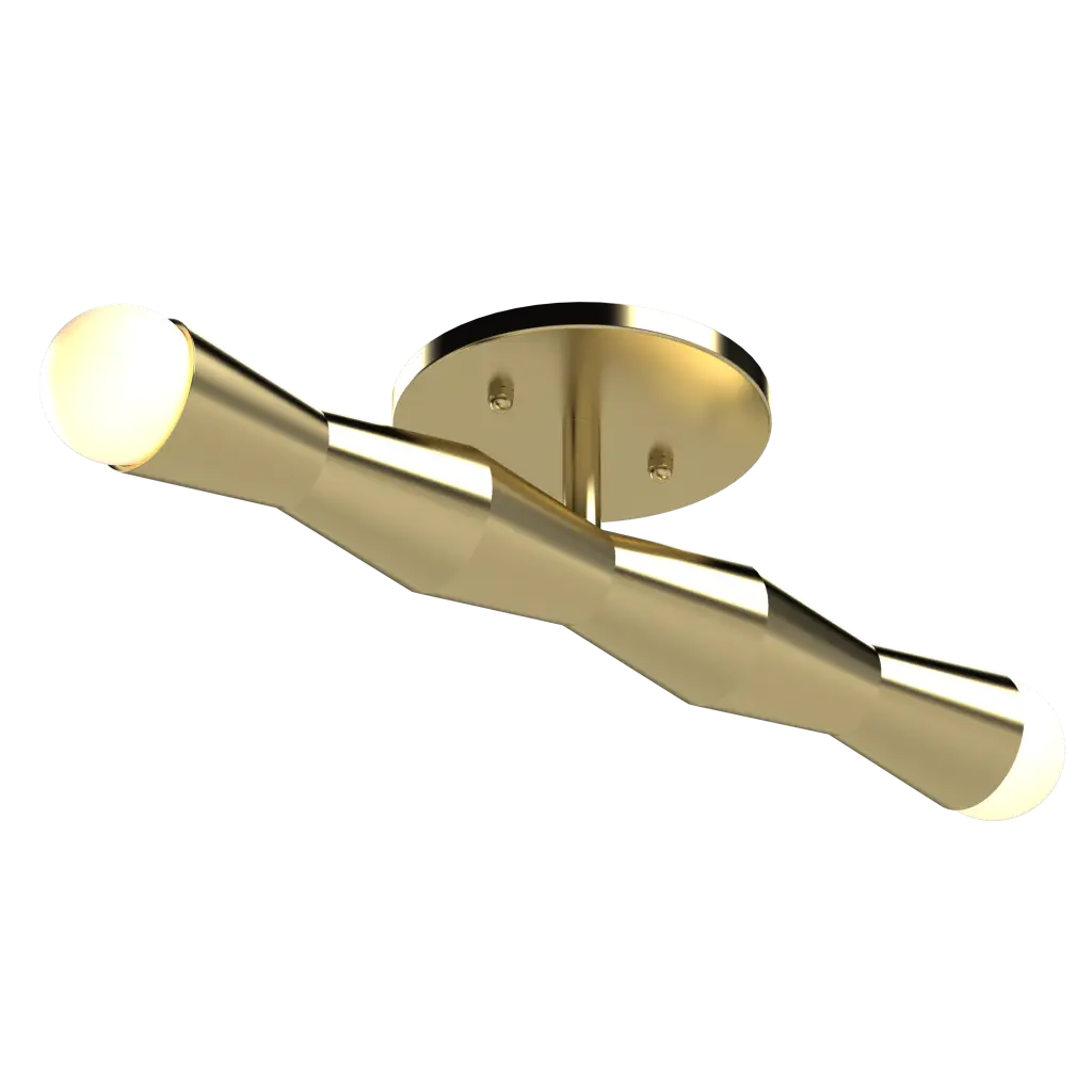Modern gold ceiling mount light fixture with a white light bulb on a white background