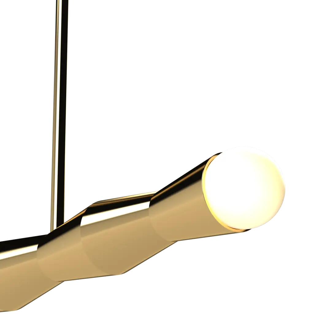 Modern pendant light with gold fixture and white bulb on a white background