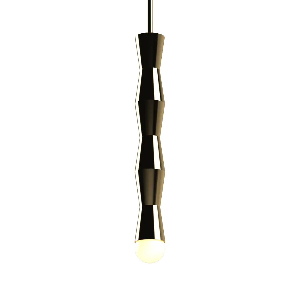 Modern pendant light with geometric design on a white background