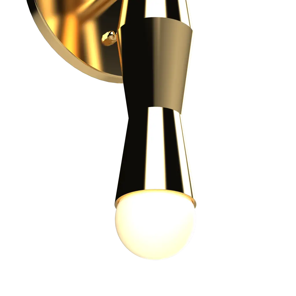 Modern wall light fixture with gold and black design on a white background