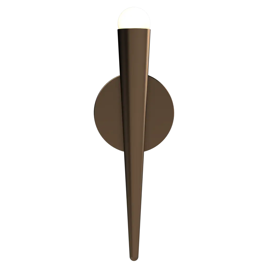 Bronze wall sconce with a long, thin arm on a white background