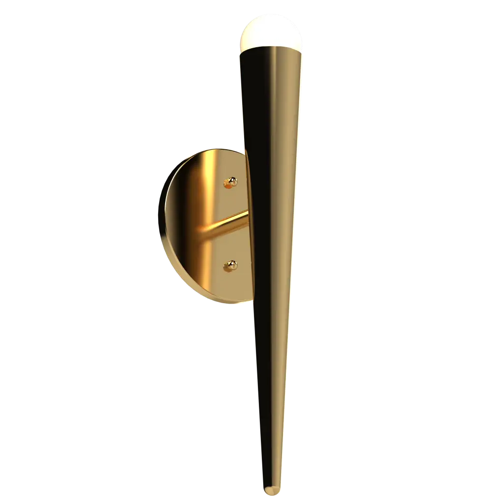 Gold wall sconce with a long, thin shade on a white background