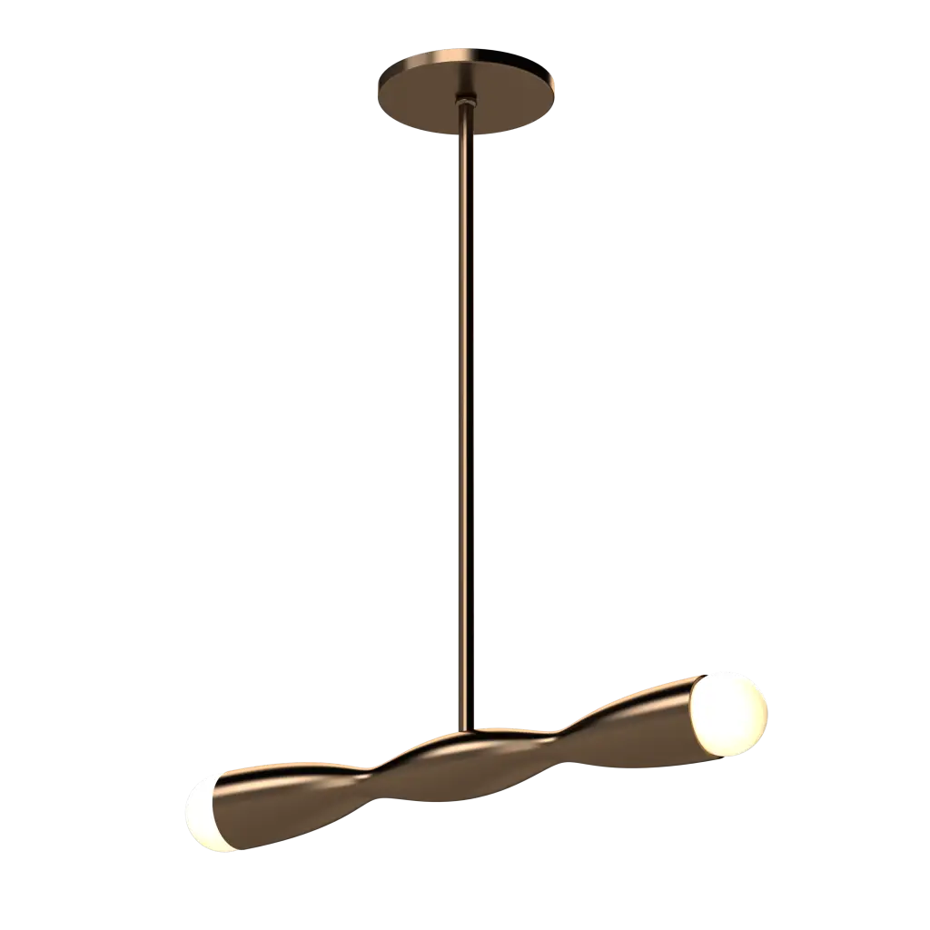 Modern pendant light with a gold finish on a white background