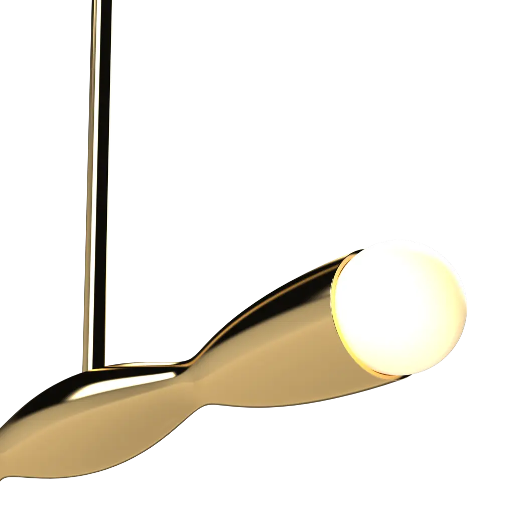 Gold pendant light with a white bulb on a white background