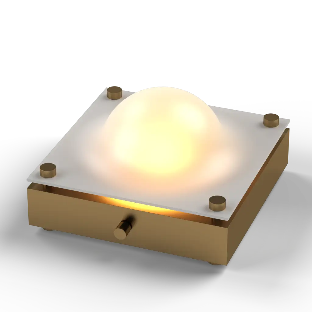 Decorative object with a glowing sphere on a metallic base