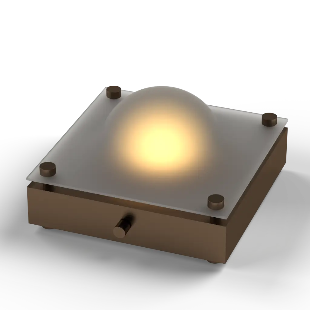 Square metal block with a glowing yellow sphere inside on a white background