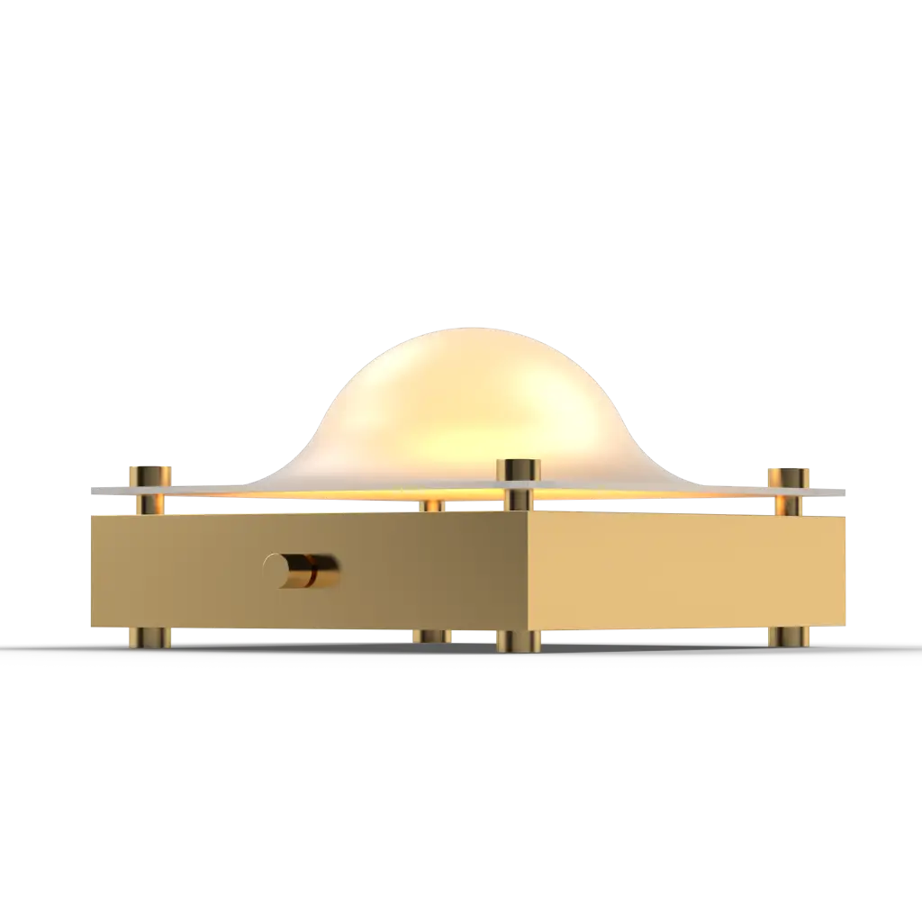 Gold table light fixture with a spherical bulb on a white background