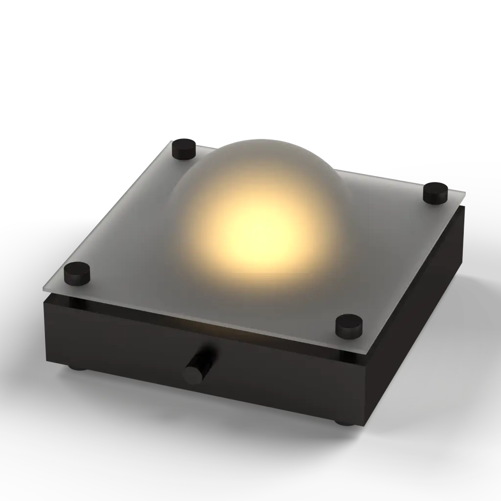 Black square light fixture with a glowing yellow center on a white background