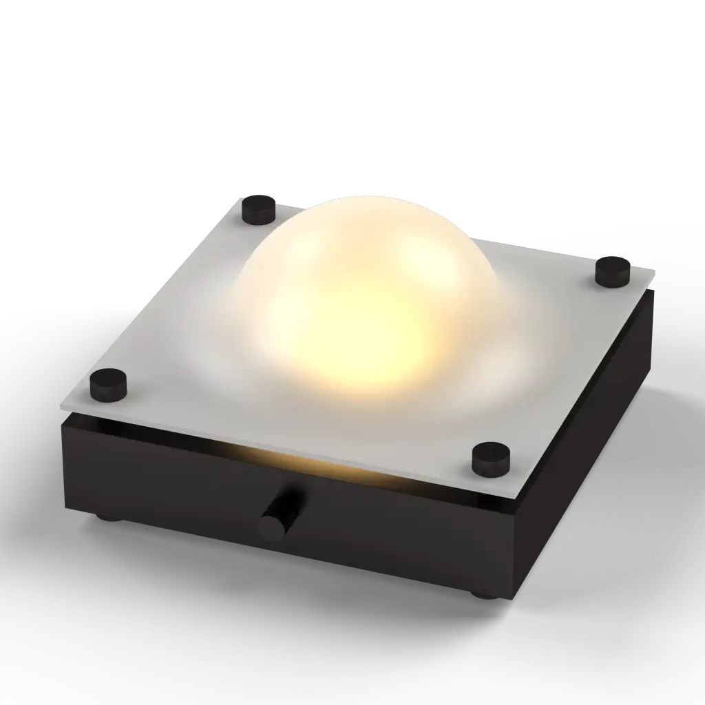 Square black base with a glowing yellow sphere on a white background