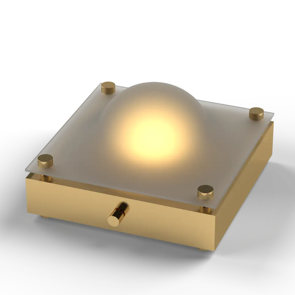 Gold square light fixture with a glowing center on a white background