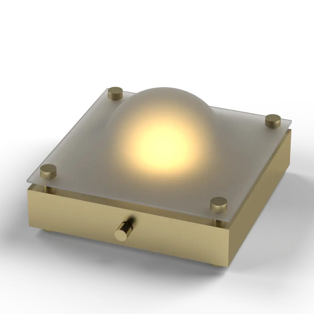 Square metallic light fixture with a glowing center on a white background
