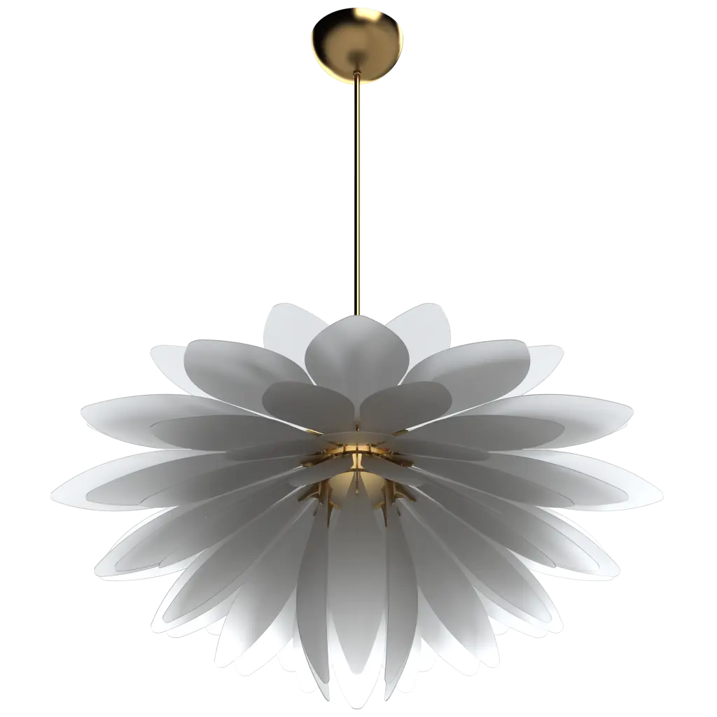 Floral-shaped pendant light with white petals and gold accents on a white background