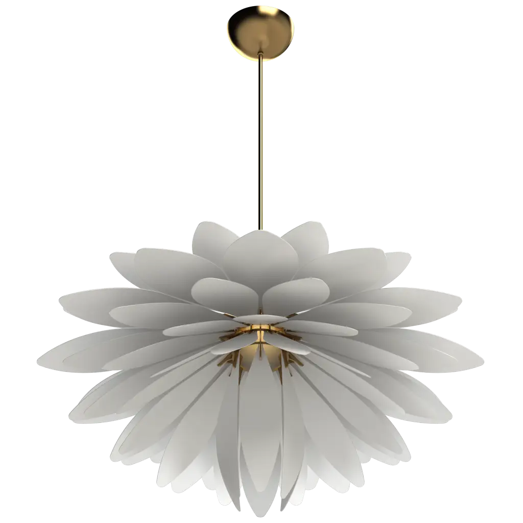 Floral-patterned pendant light with white petals and gold accents on a white background