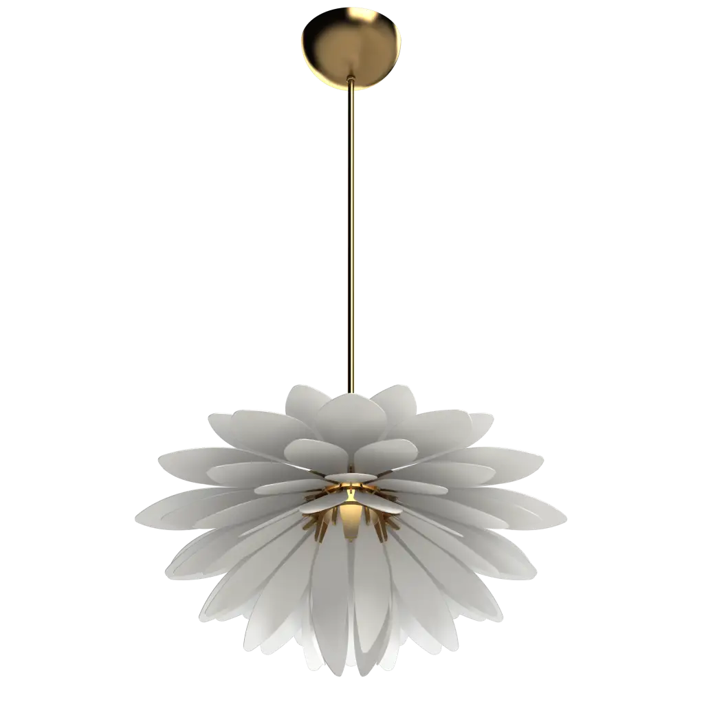 Floral-patterned pendant light with gold accents on a white background