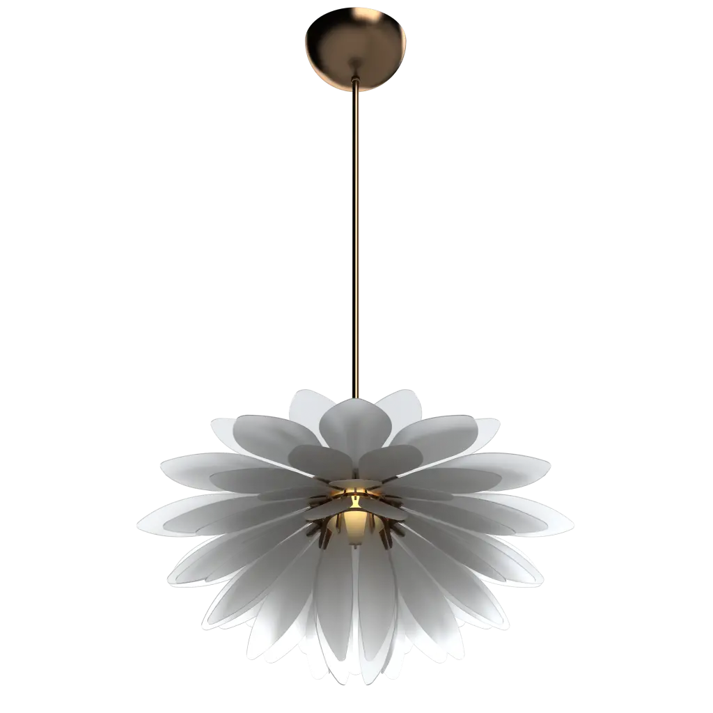 Floral-shaped pendant light with white petals and gold accents on a white background