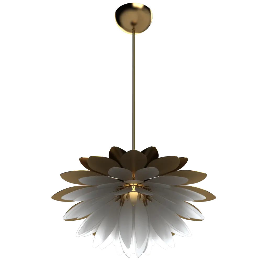 Modern pendant light with gold and white design on a white background