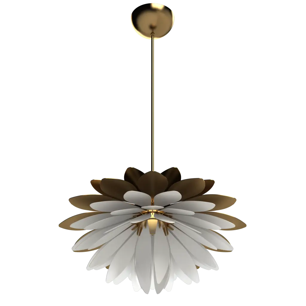 Floral-patterned pendant light with gold and white design on a white background