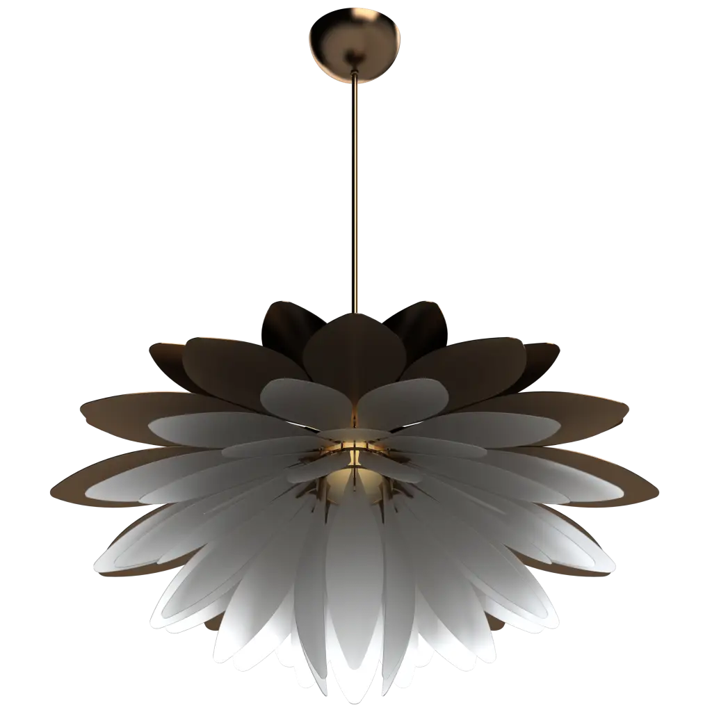 Floral-patterned pendant light with brown and white petals on a white background