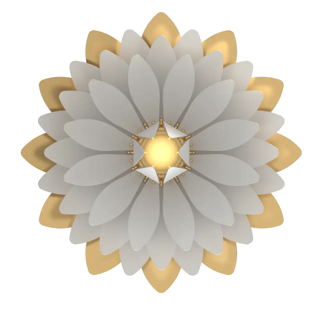 Decorative ceiling light fixture with white and gold flower-like design on a white background