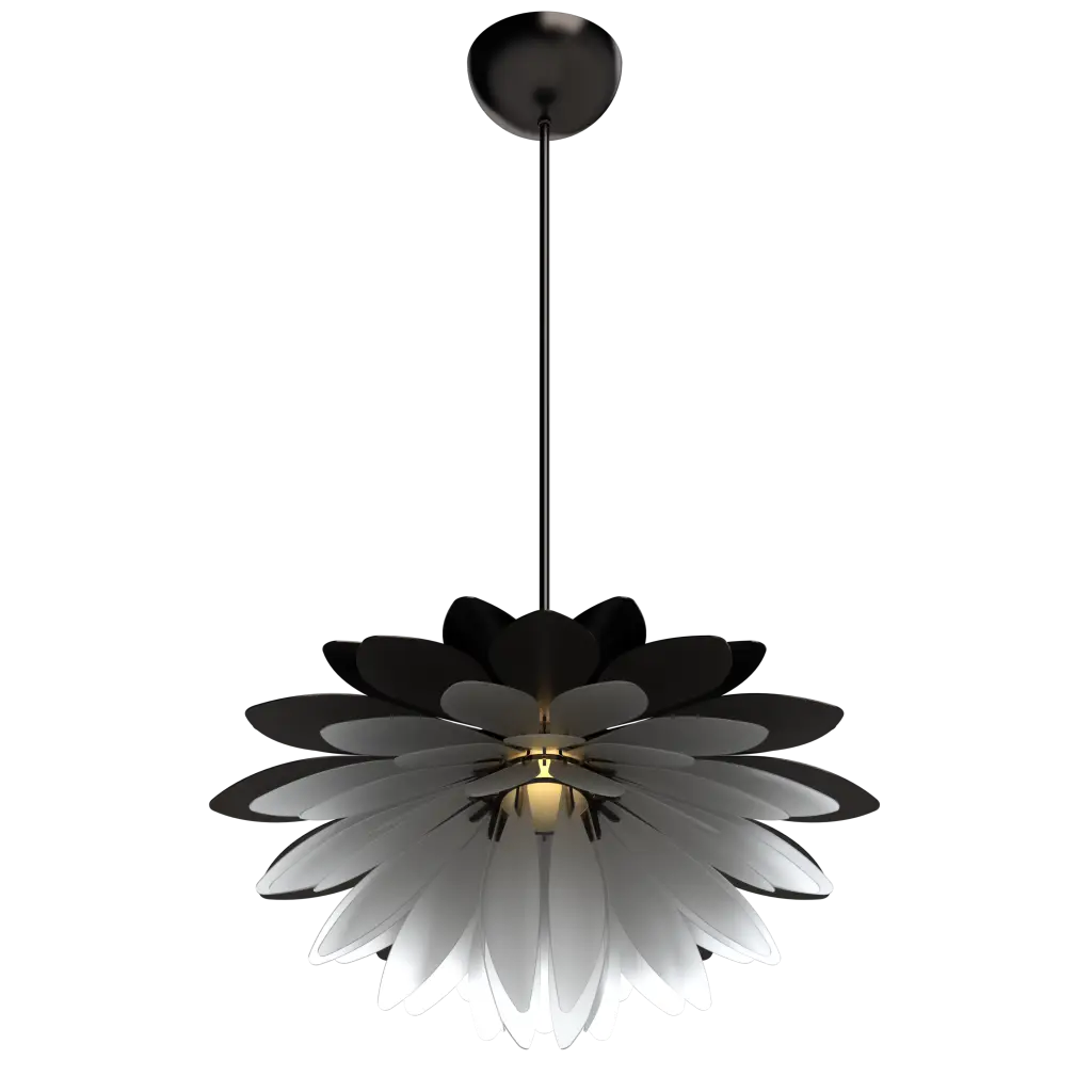 Modern pendant light with black and white design on a white background