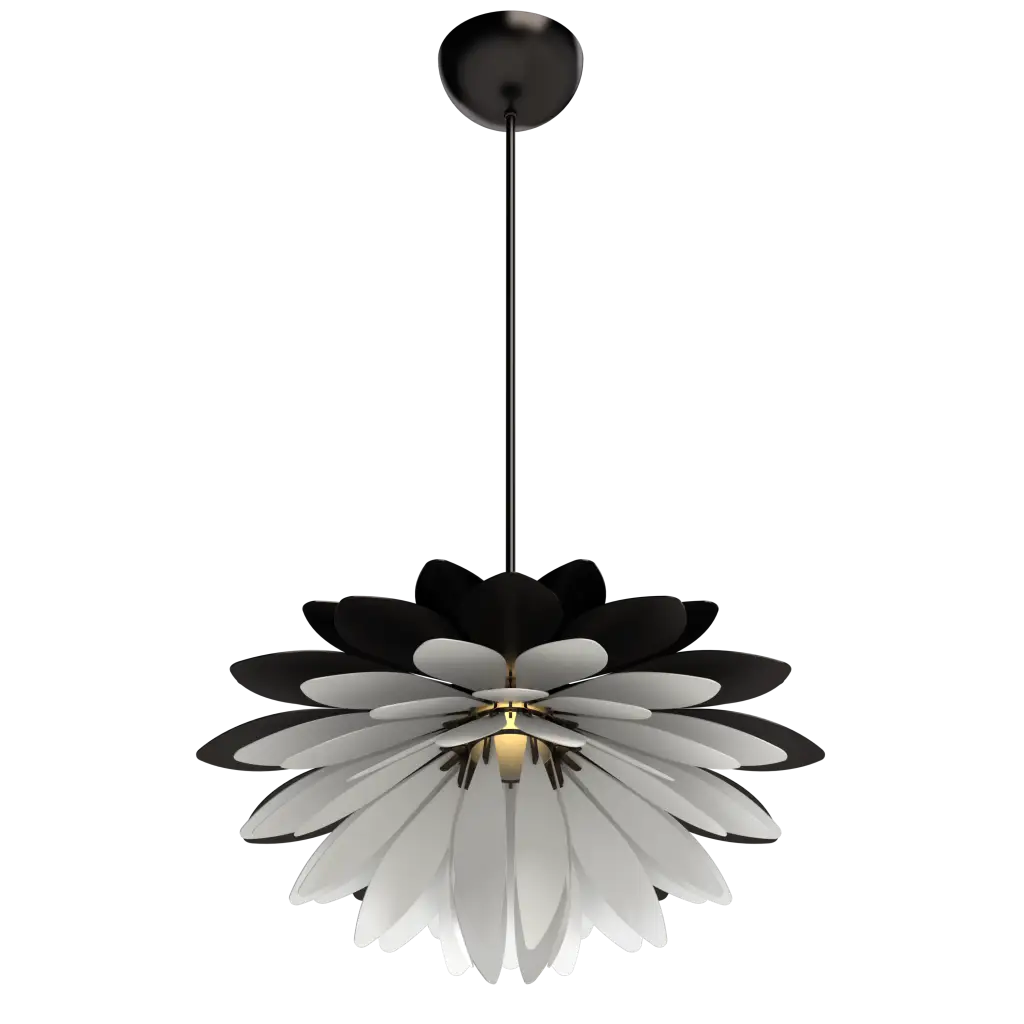 Modern pendant light with black and white flower-like design on a white background