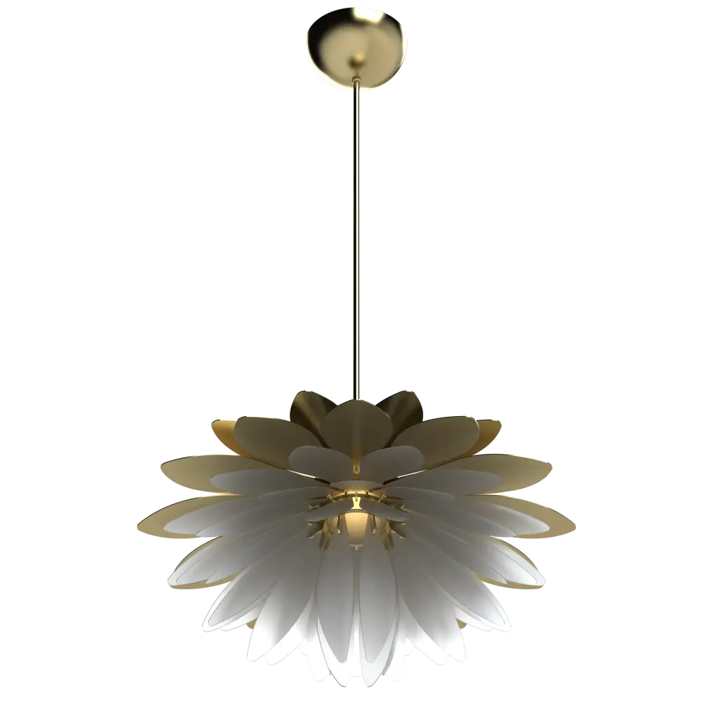 Decorative ceiling light fixture with gold and white design on a white background