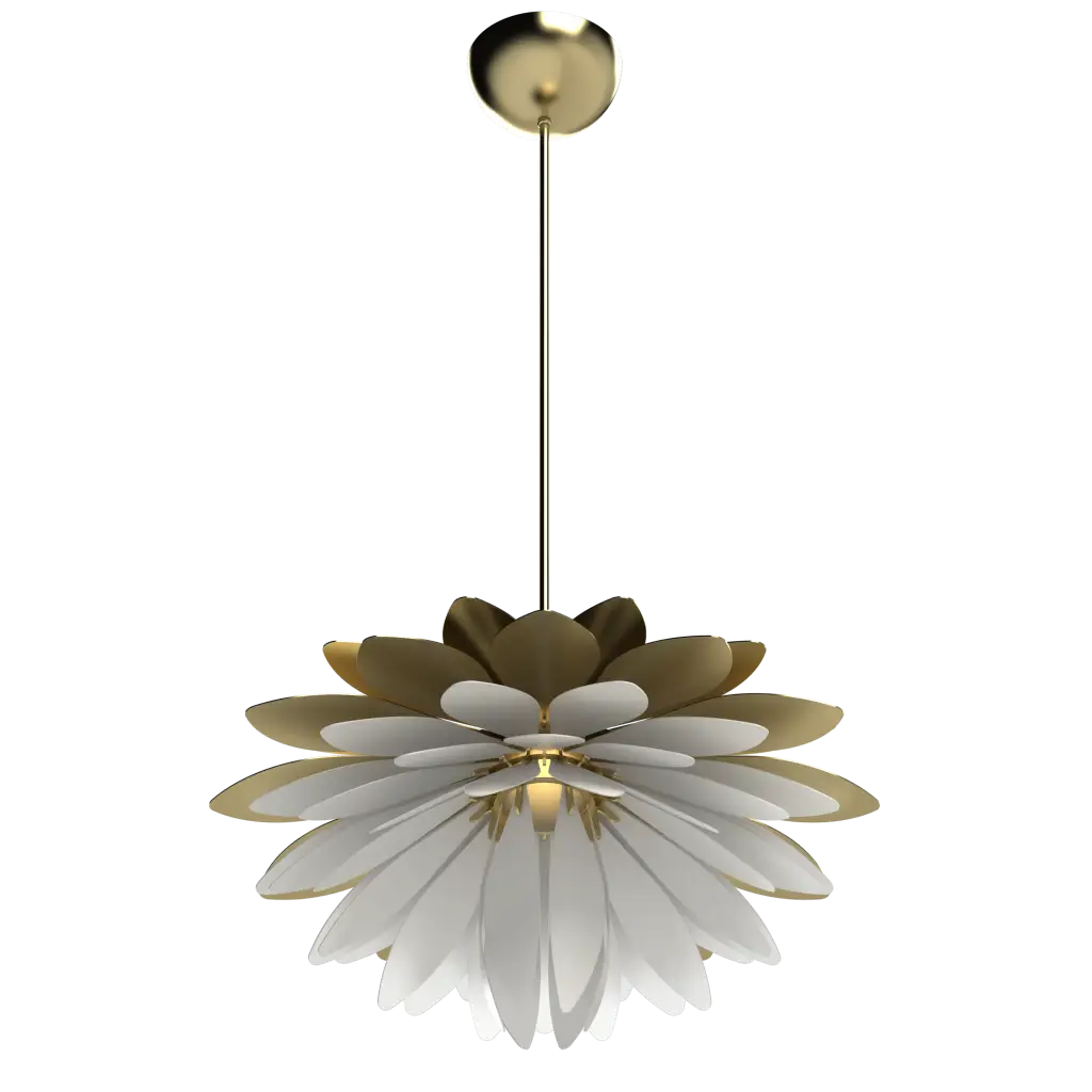 Decorative ceiling light fixture with gold and white design on a white background