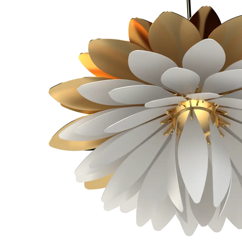 Modern chandelier with white and gold design on a white background