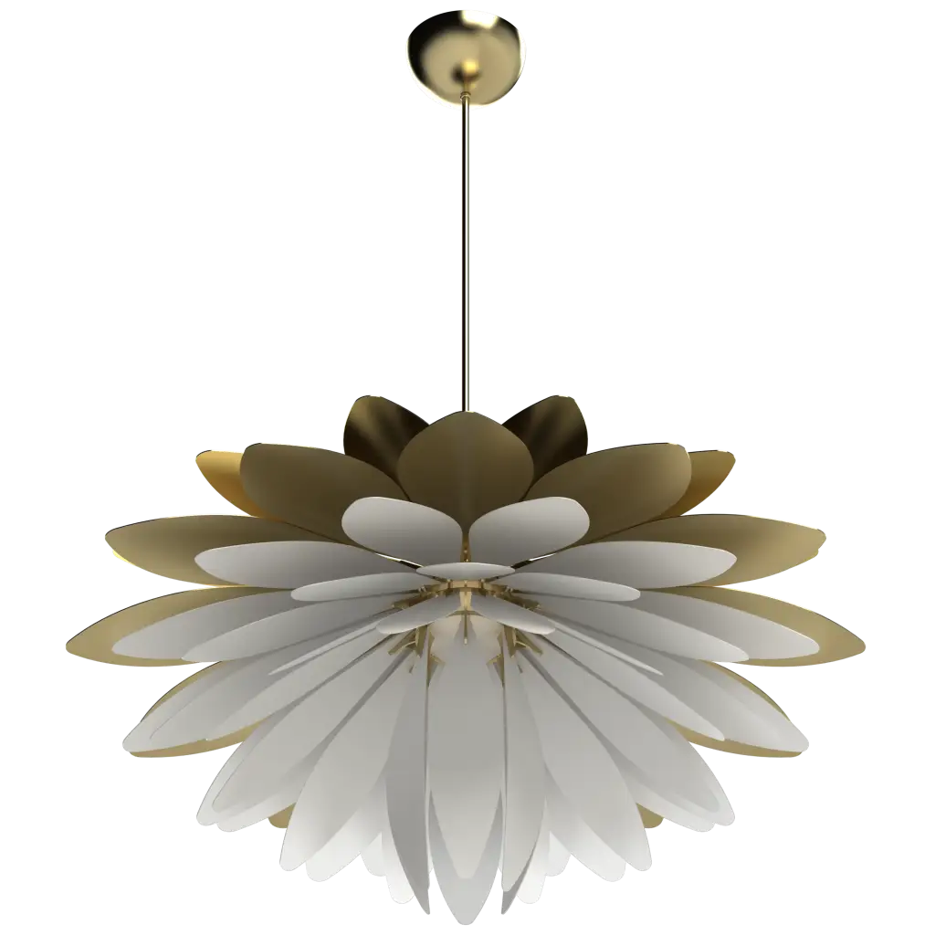 Decorative ceiling light fixture with gold and white design on a white background