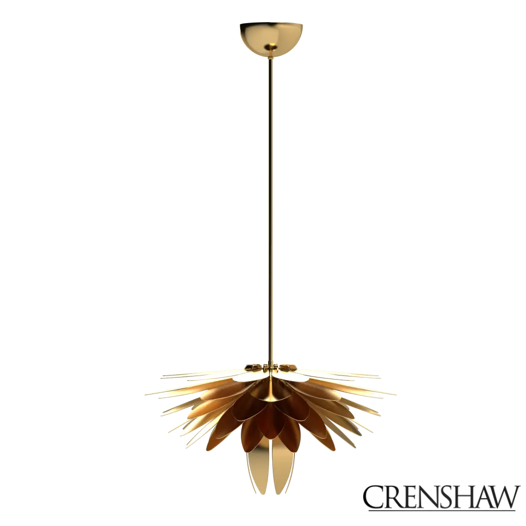 Gold chandelier with leaf-like design on a white background