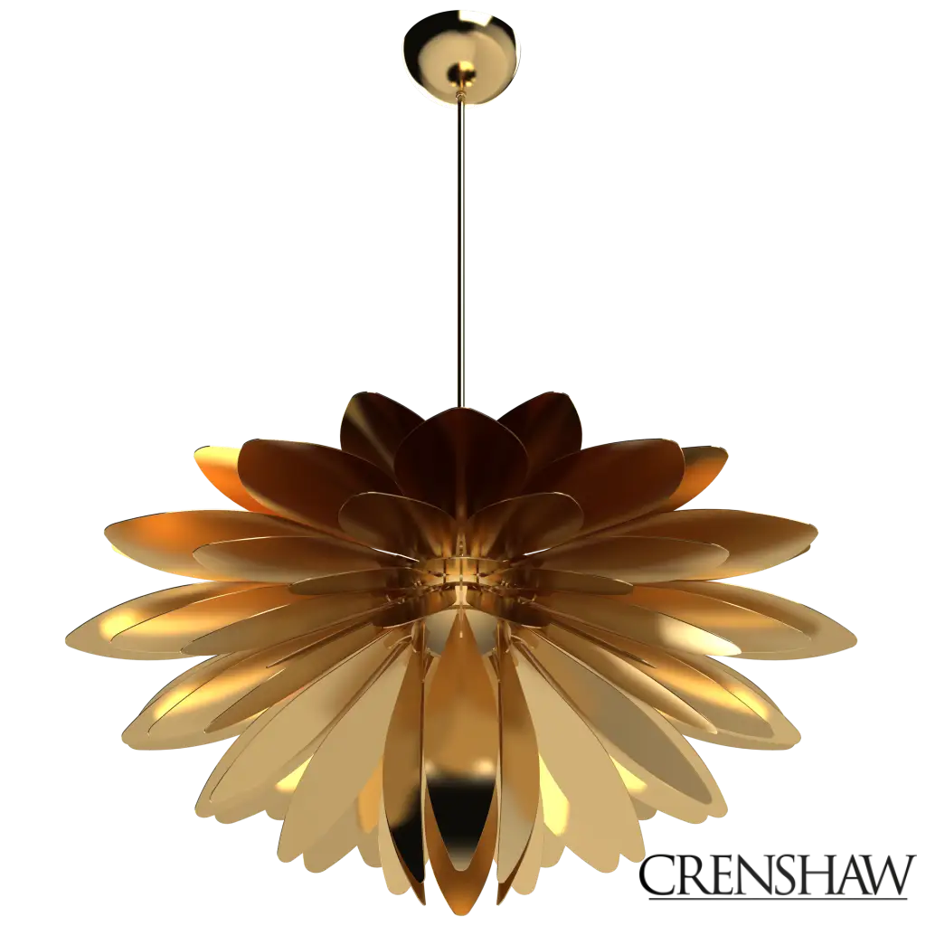 Gold floral pendant light on a white background