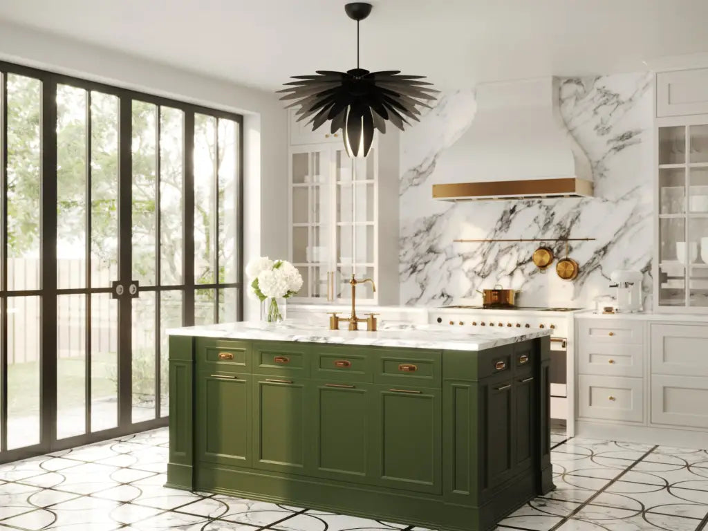 Modern kitchen with a green island, marble countertops, and large windows.