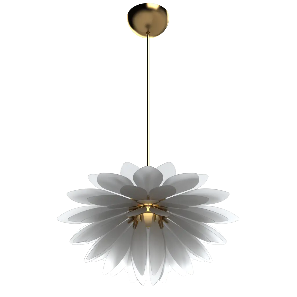 Floral-shaped pendant light with white petals and gold accents on a white background