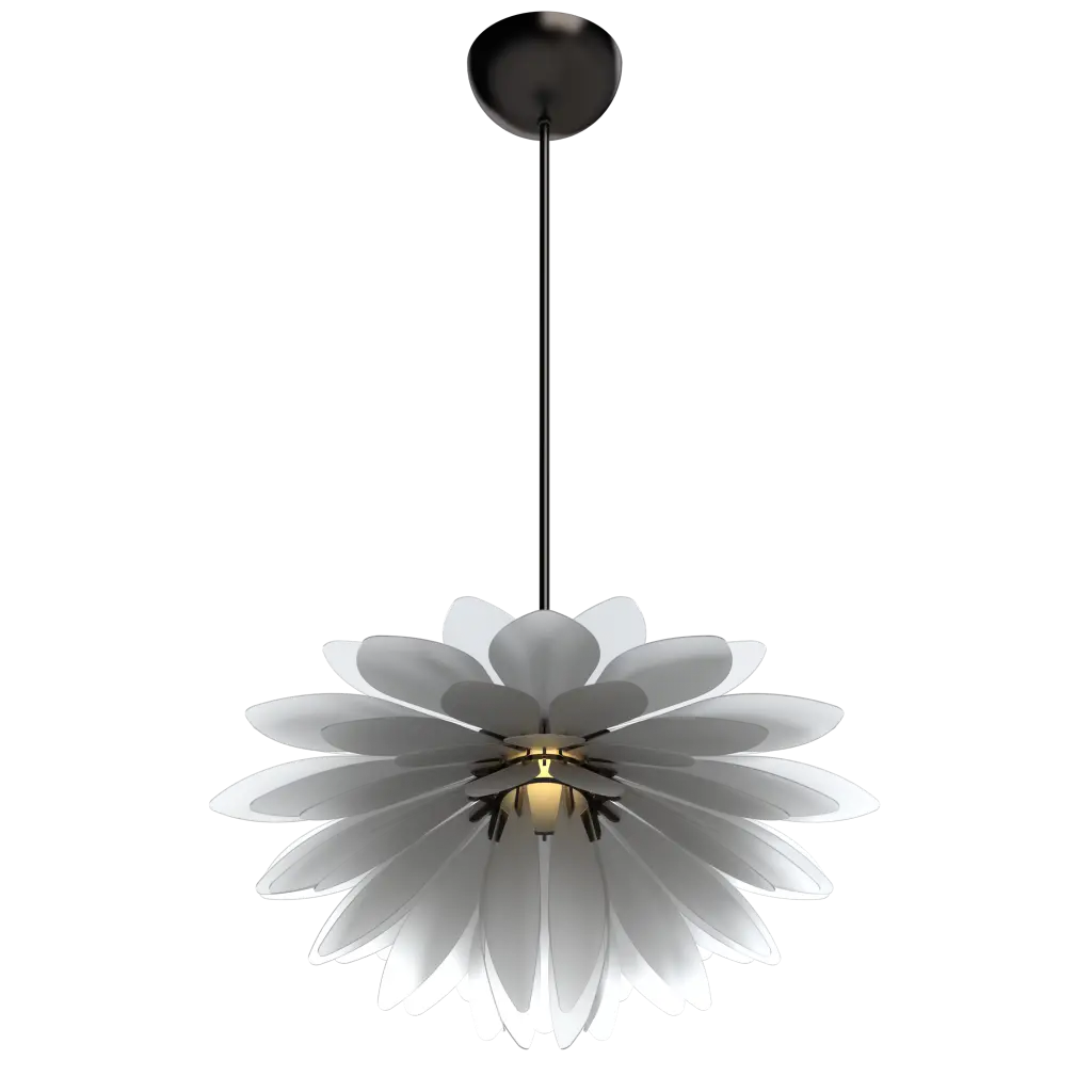 Modern pendant light with white flower-like design on a white background