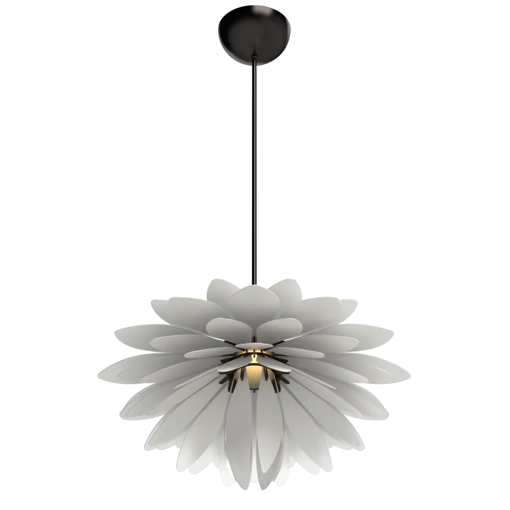 Modern pendant light with a white flower-like design on a white background