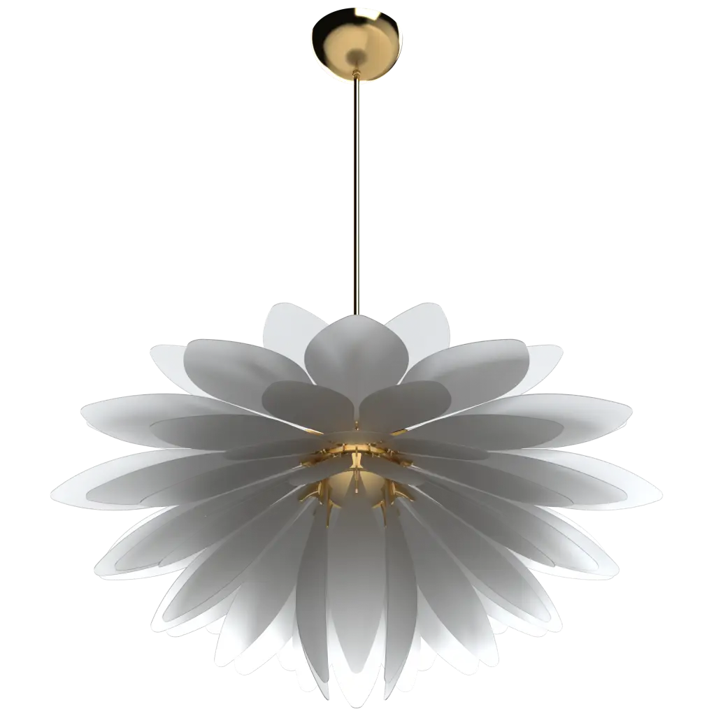 Floral-patterned pendant light with white petals and gold accents on a white background