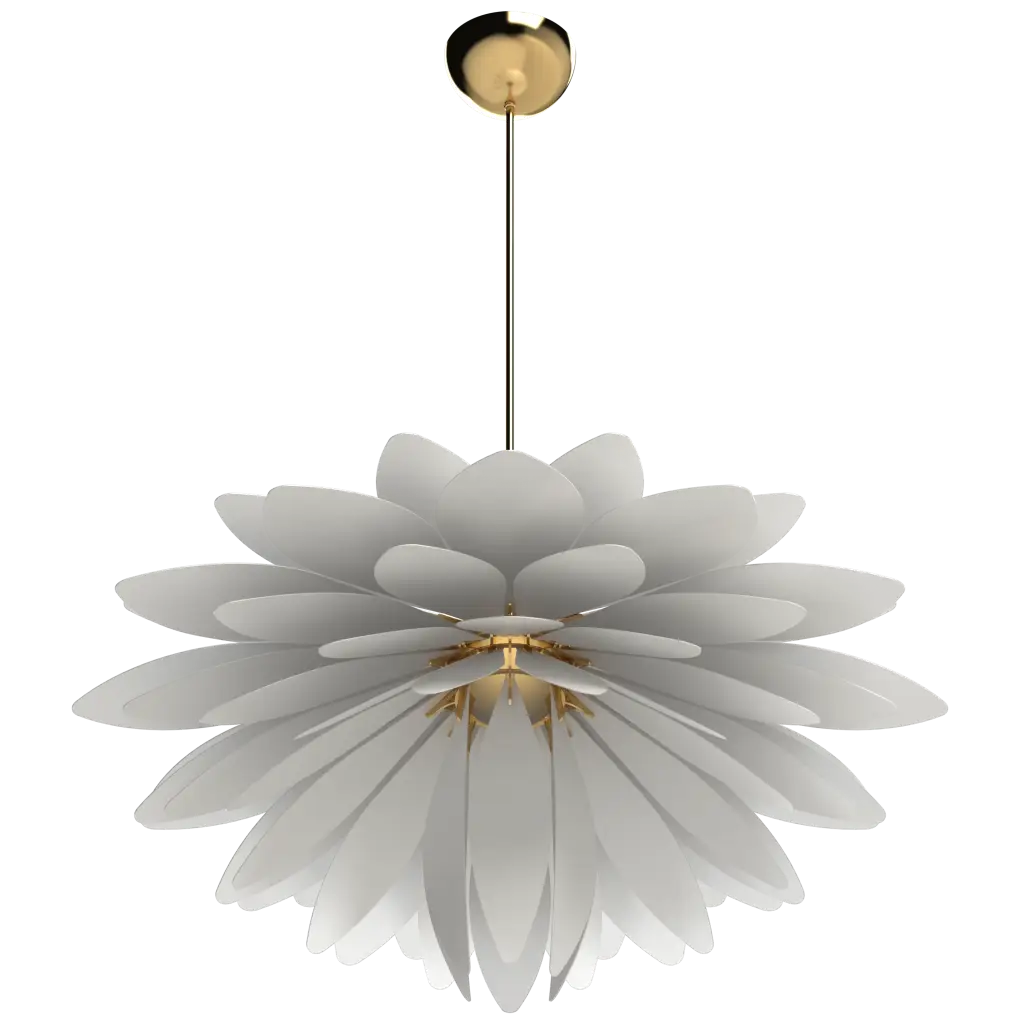 Floral-patterned pendant light with white petals and gold accents on a white background