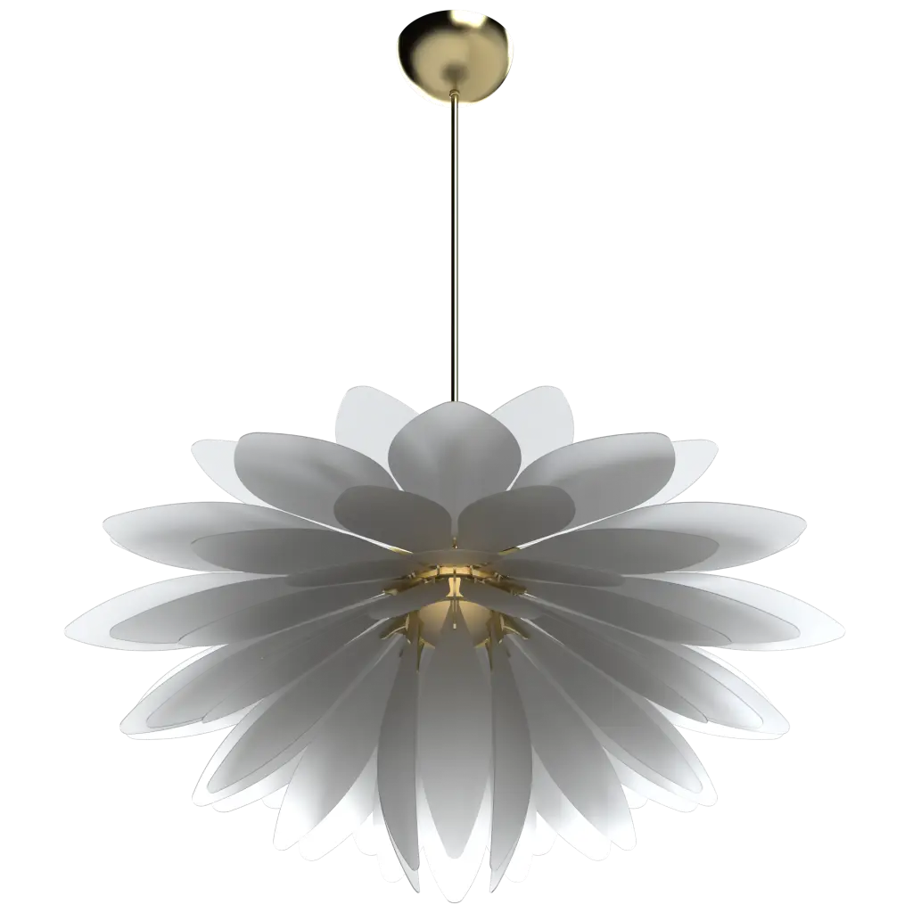Floral-shaped pendant light with white petals and gold accents on a white background