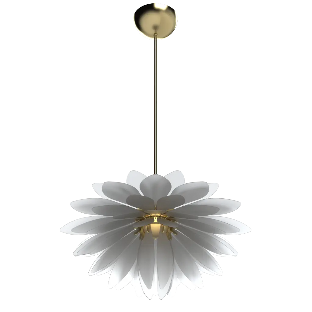 Floral-shaped pendant light with white petals and gold accents on a white background