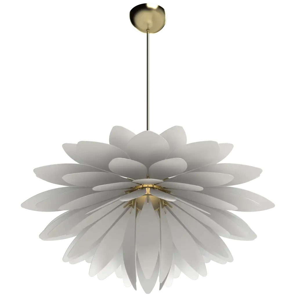 Floral-patterned pendant light with white petals and gold accents on a white background
