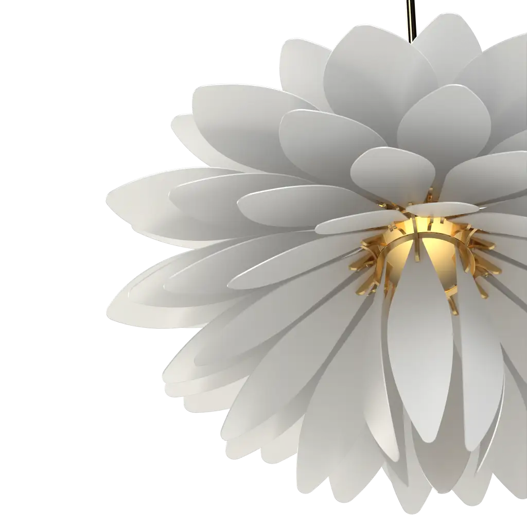 White floral-shaped pendant light with gold center on a white background