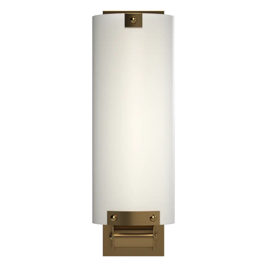 Wall sconce with white shade and gold metal base on a white background