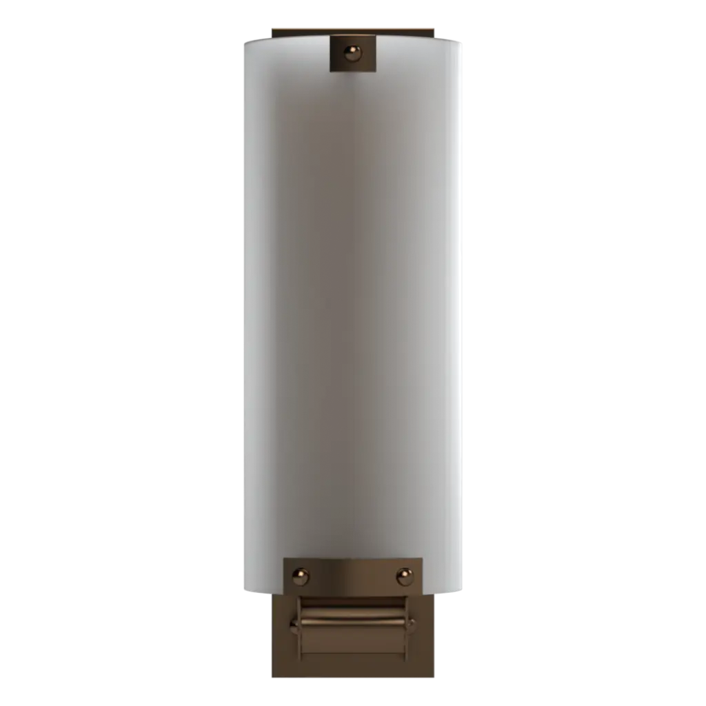 Wall-mounted light fixture with white glass shade and bronze base on a white background