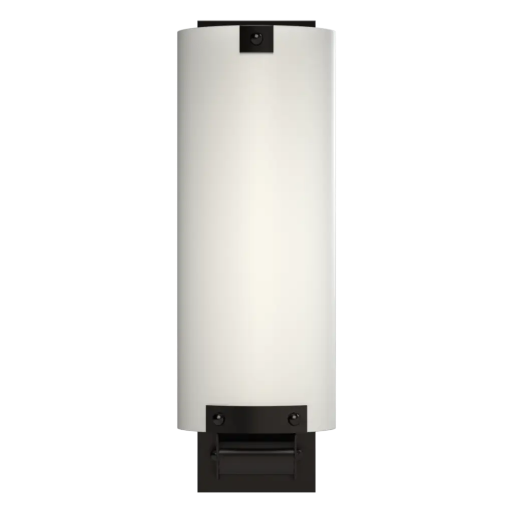 Wall-mounted light fixture with white shade and black metal base on a white background