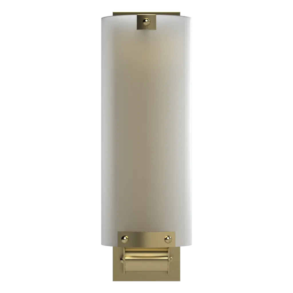 Wall sconce with white glass shade and gold metal base on a white background